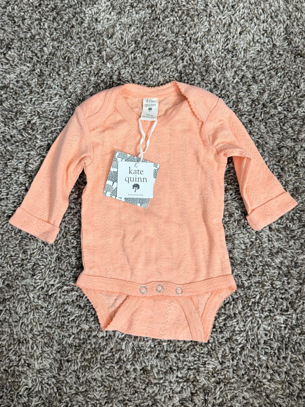 Kate Quinn Organic Cotton Onesie Baby Girl Size 0-3 Months Long Sleeve Peach